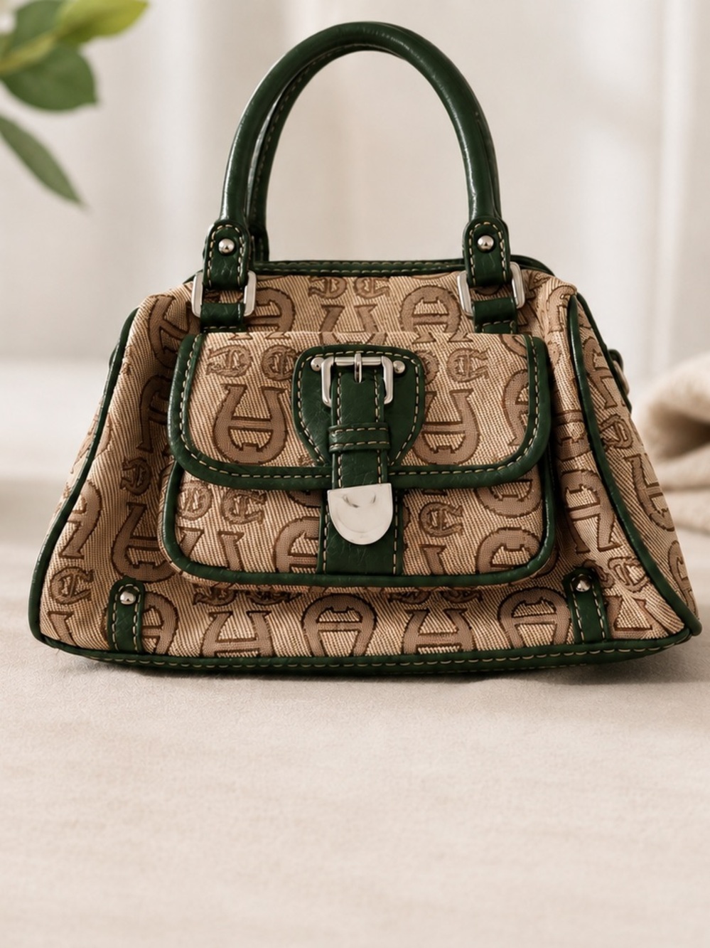 Etienne Aigner Mini Satchel Logo Jacquard Green Leather Y2K Handbag